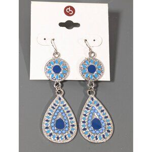 Boho Southwestern Blue‎ Teardrop Concho Dangle Earrings Silver Tone Pierced